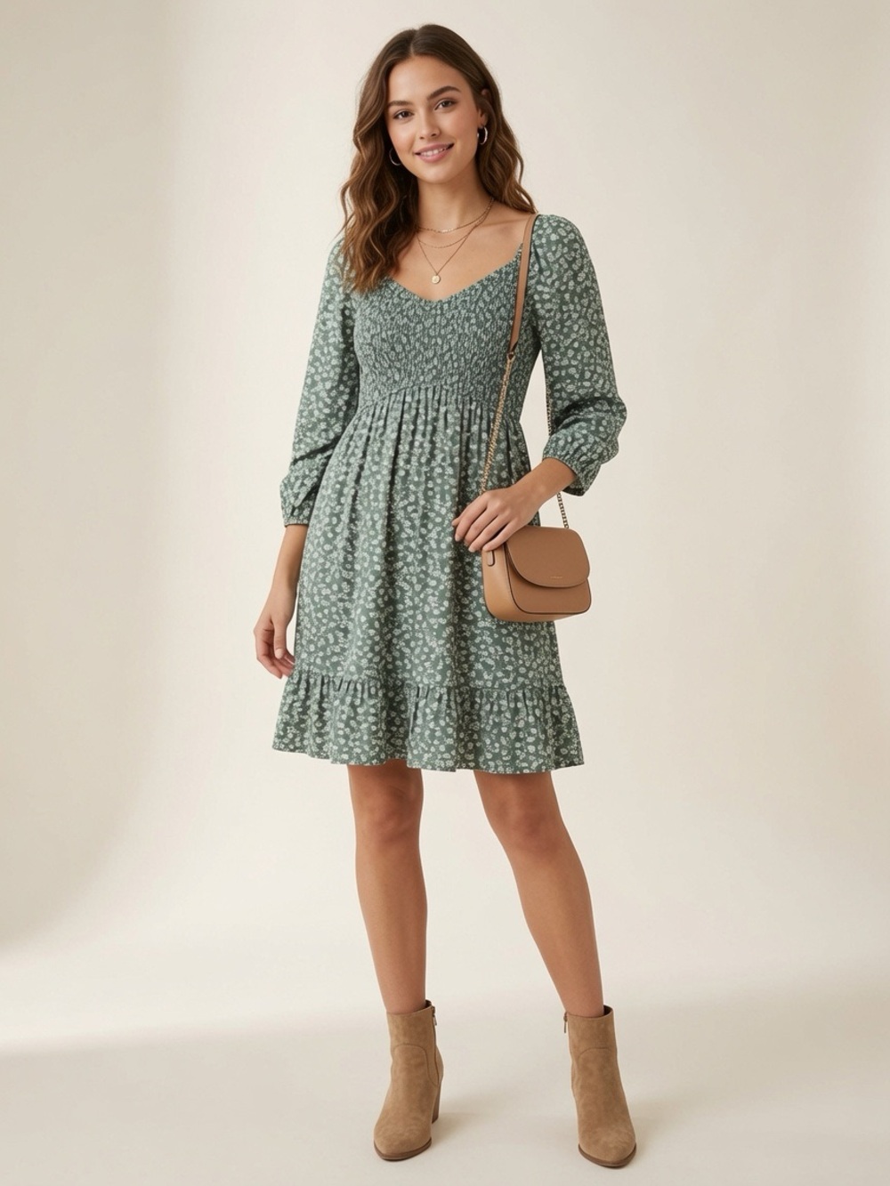 Hollister Green Floral Smocked Peasant Dress 3/4 Sleeve Ruffle Hem Size XS